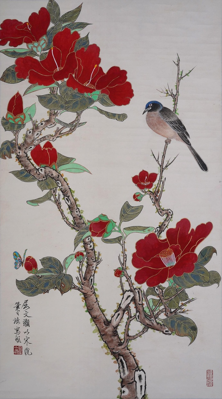 屈文灝傳統花烏畫作品《山茶圖》。